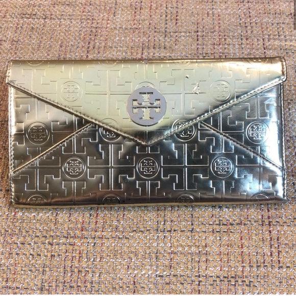 TORY BURCH Trifold Metallic Gold Logo Envelope Clutch W Blue Suede Lining 9x4.5 - Picture 1 of 6